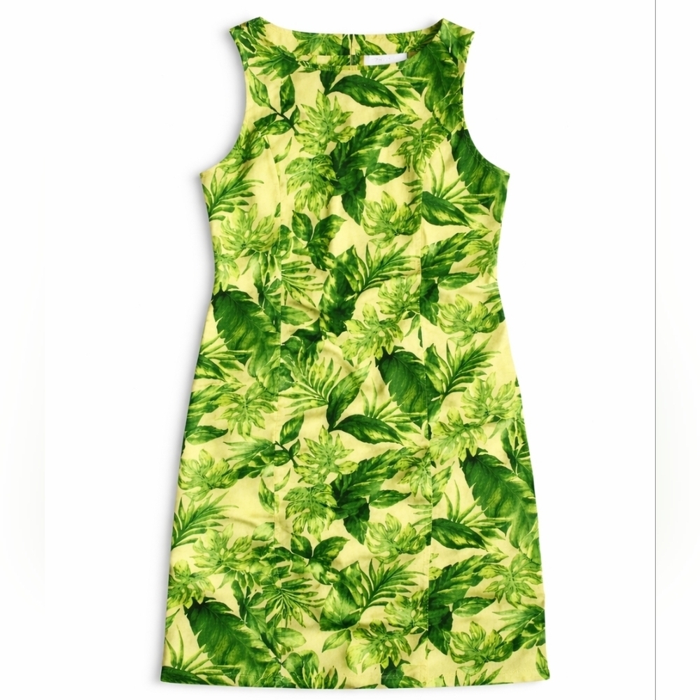 VTG Linen/cotton tropical print beading shift mini dress size 14